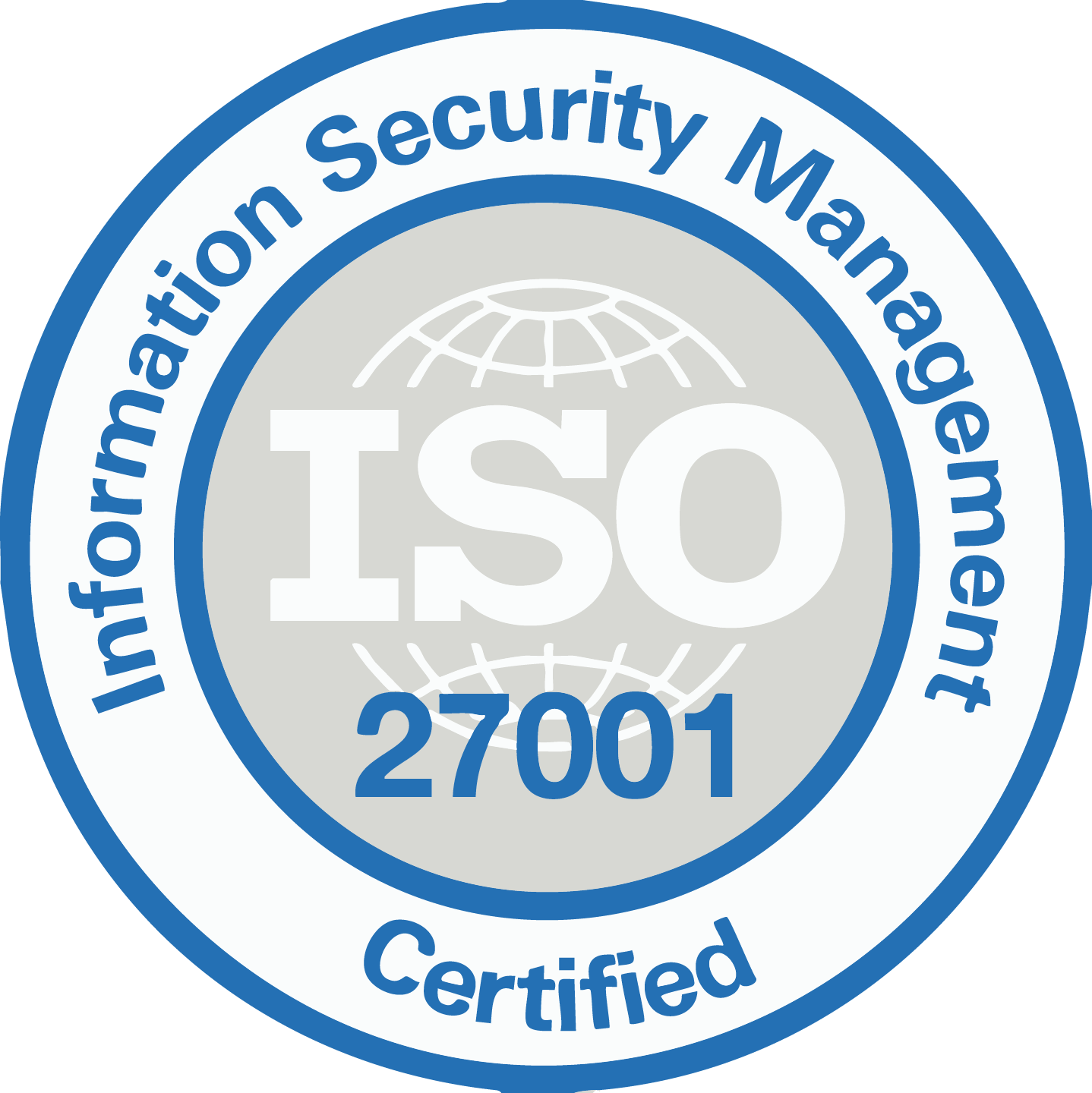 Rond blauw-wit logo met de tekst ‘Information Security Management Certified’ en in het midden ‘ISO 27001’. Rond blauw-wit logo met de tekst ‘Information Security Management Certified’ en in het midden ‘ISO 27001’.
